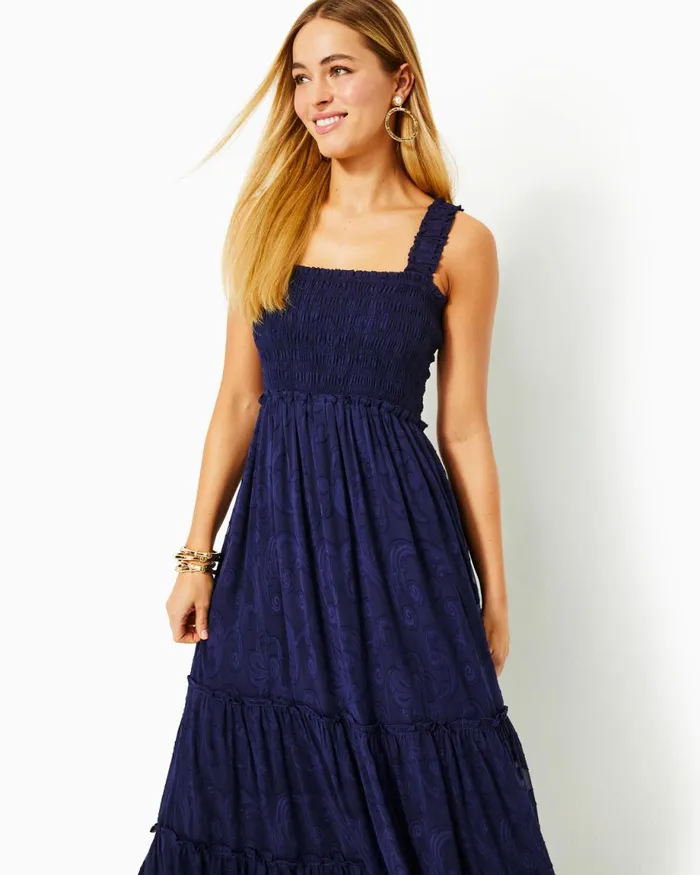 Lilly Pulitzer Hadly Smocked Maxi Dress True Navy Poly Crepe Swirl Clip Women Fit and Flare Dresses