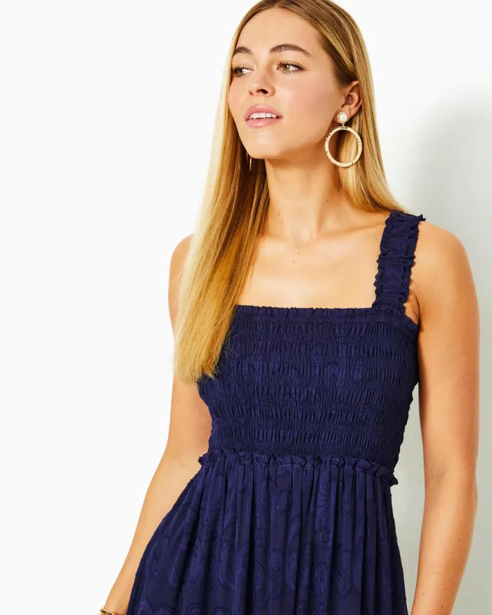 Lilly Pulitzer Hadly Smocked Maxi Dress True Navy Poly Crepe Swirl Clip Women Fit and Flare Dresses