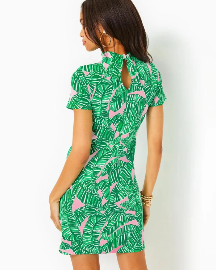 Lilly Pulitzer Hallie Short Sleeve Cotton Dress Conch Shell Pink Lets Go Bananas Women Fitted Dresses