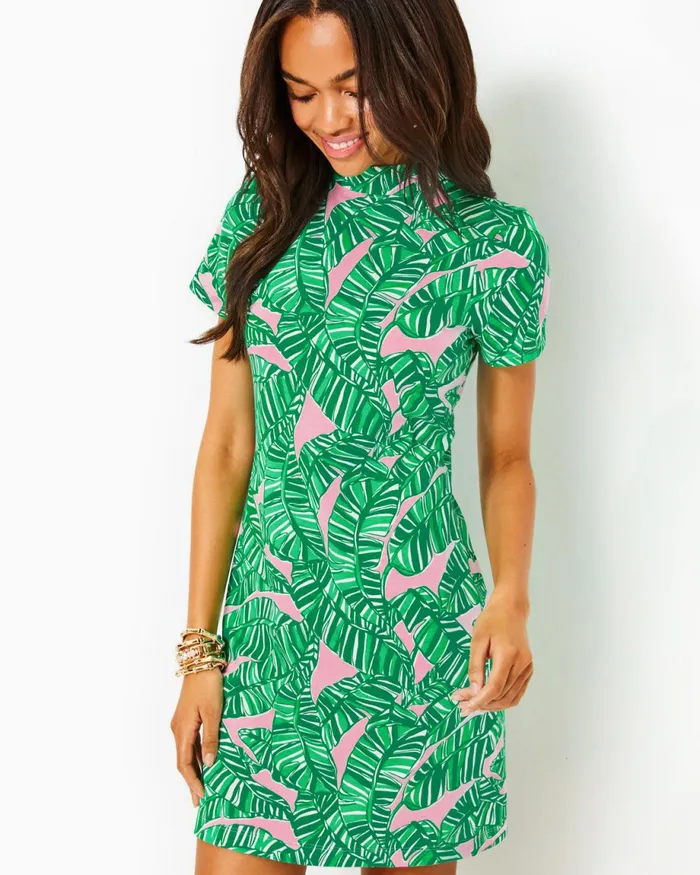 Lilly Pulitzer Hallie Short Sleeve Cotton Dress Conch Shell Pink Lets Go Bananas Women Fitted Dresses
