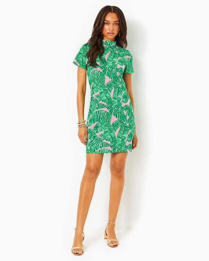 Lilly Pulitzer Hallie Short Sleeve Cotton Dress Conch Shell Pink Lets Go Bananas Women Fitted Dresses