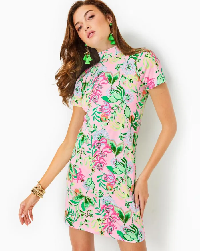 Lilly Pulitzer Hallie Short Sleeve Cotton Dress Multi Via Amore Spritzer Women Fitted Dresses