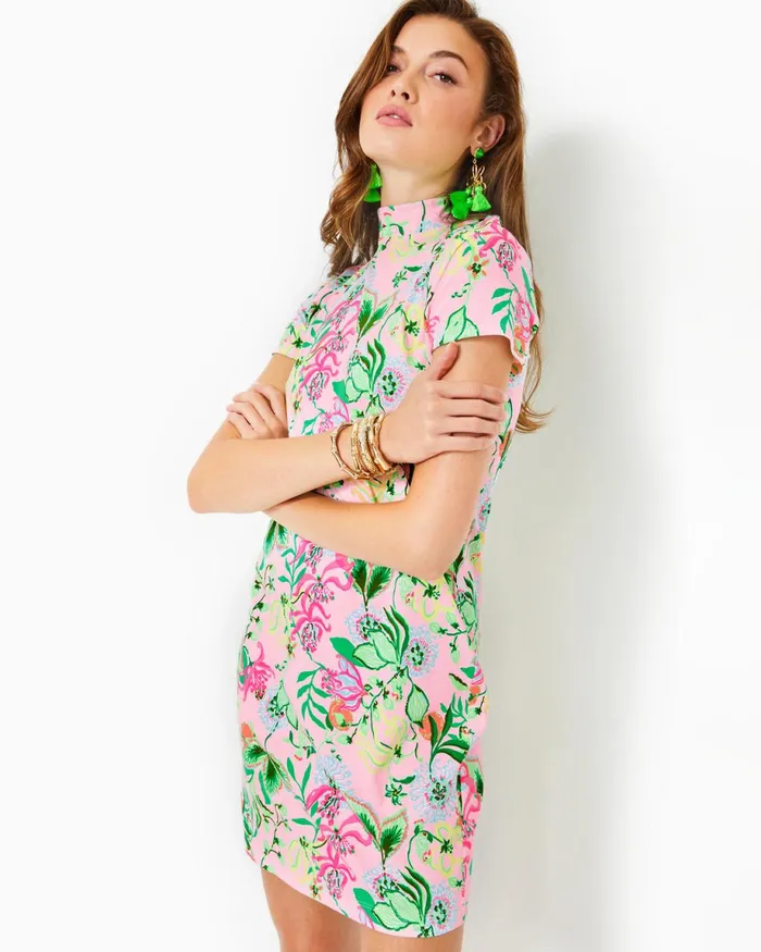 Lilly Pulitzer Hallie Short Sleeve Cotton Dress Multi Via Amore Spritzer Women Fitted Dresses