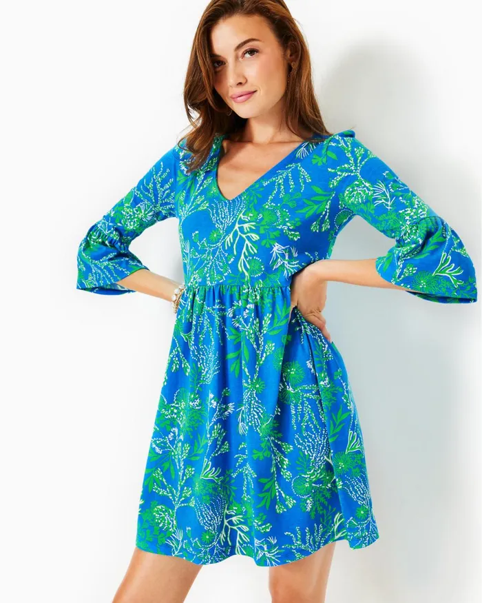 Lilly Pulitzer Jannie VNeck Cotton Dress Briny Blue A Bit Salty Women Swing Dresses