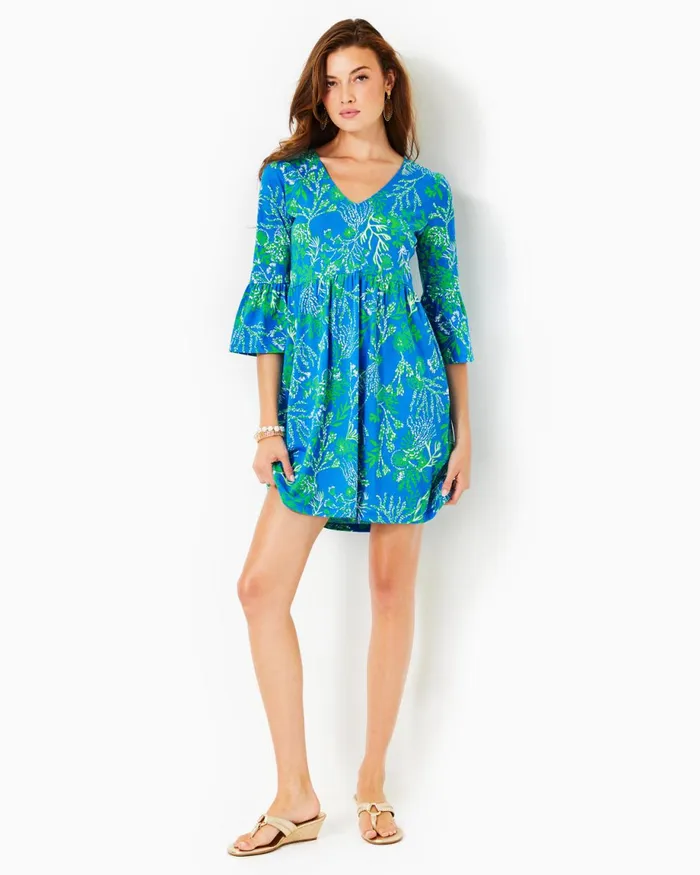 Lilly Pulitzer Jannie VNeck Cotton Dress Briny Blue A Bit Salty Women Swing Dresses