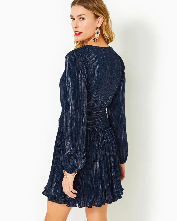 Lilly Pulitzer Jessamie Long Sleeve Dress Low Tide Navy Foil Printed Crinkle Woven Women Fit and Flare Dresses