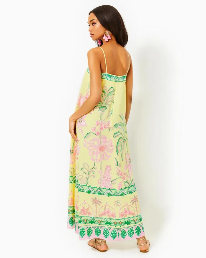 Lilly Pulitzer Jesslyn Silk Maxi Slip Dress Finch Yellow Tropical Oasis Engineered Woven Maxi Dre Women Swing Dresses