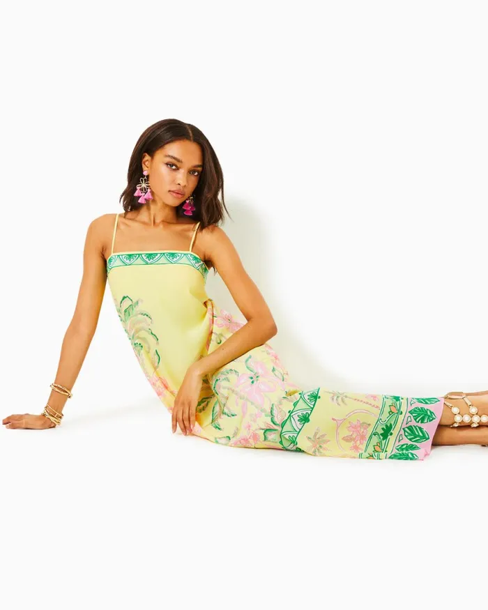 Lilly Pulitzer Jesslyn Silk Maxi Slip Dress Finch Yellow Tropical Oasis Engineered Woven Maxi Dre Women Swing Dresses