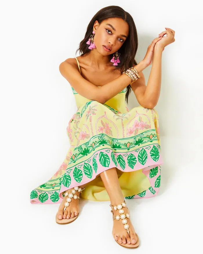 Lilly Pulitzer Jesslyn Silk Maxi Slip Dress Finch Yellow Tropical Oasis Engineered Woven Maxi Dre Women Swing Dresses