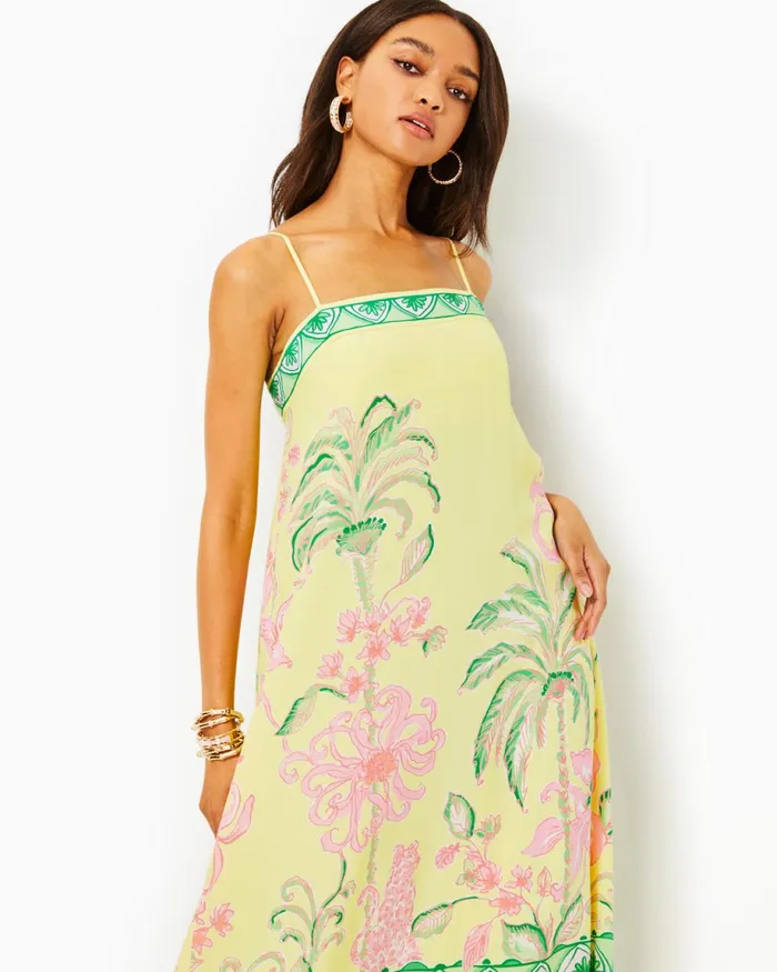 Lilly Pulitzer Jesslyn Silk Maxi Slip Dress Finch Yellow Tropical Oasis Engineered Woven Maxi Dre Women Swing Dresses
