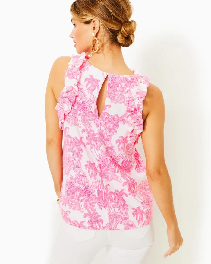 Lilly Pulitzer Kailee Sleeveless Ruffle Top Resort White Pb Anniversary Toile Women Tops