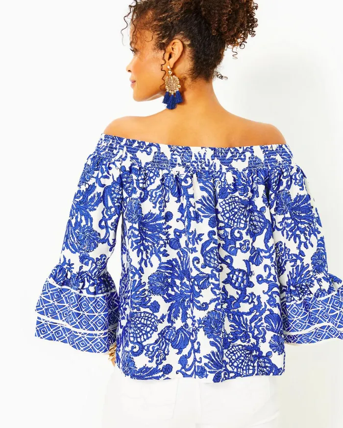 Lilly Pulitzer Kaori OffTheShoulder Top Deeper Coconut Ride With Me Engineered Woven Top Women Tops