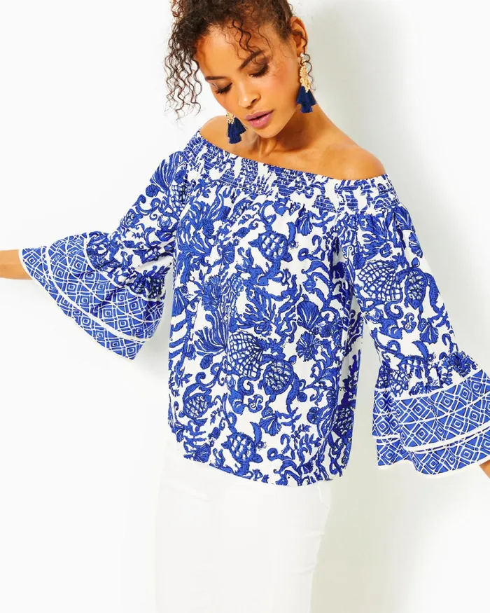 Lilly Pulitzer Kaori OffTheShoulder Top Deeper Coconut Ride With Me Engineered Woven Top Women Tops