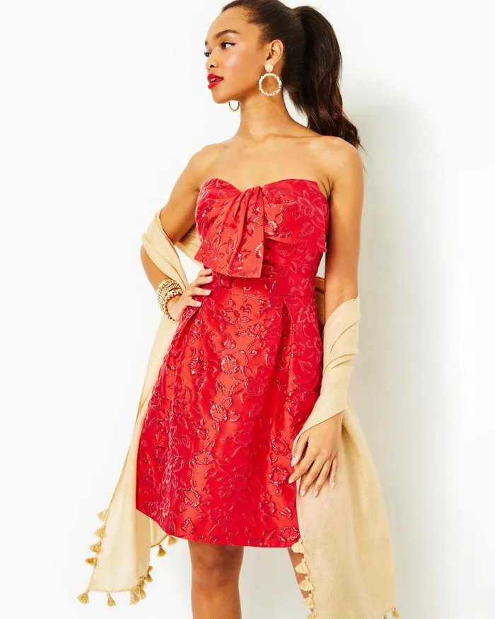 Lilly Pulitzer Kataleya Strapless Jacquard Dress Amaryllis Red Puff Floral Brocade Women Fit and Flare Dresses Lilly Pulitzer Kataleya Strapless Jacquard Dress Amaryllis Red Puff Floral Brocade Women Fit and Flare Dresses