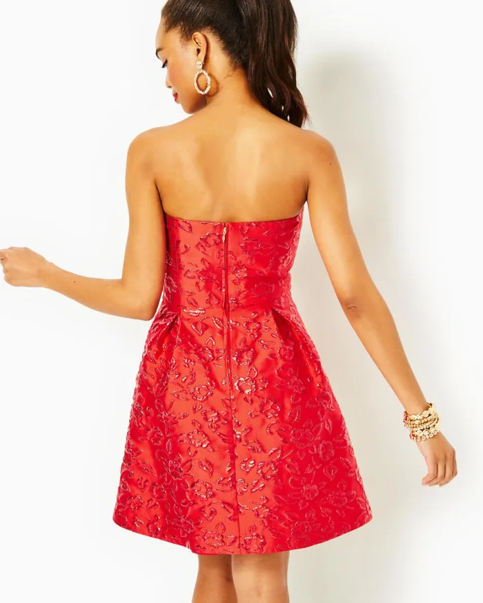 Lilly Pulitzer Kataleya Strapless Jacquard Dress Amaryllis Red Puff Floral Brocade Women Fit and Flare Dresses