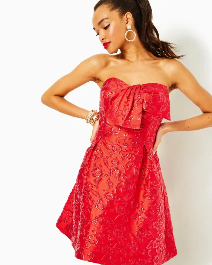 Lilly Pulitzer Kataleya Strapless Jacquard Dress Amaryllis Red Puff Floral Brocade Women Fit and Flare Dresses