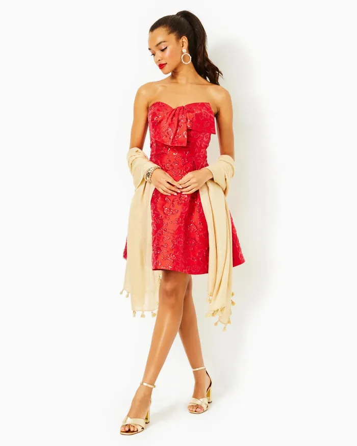 Lilly Pulitzer Kataleya Strapless Jacquard Dress Amaryllis Red Puff Floral Brocade Women Fit and Flare Dresses