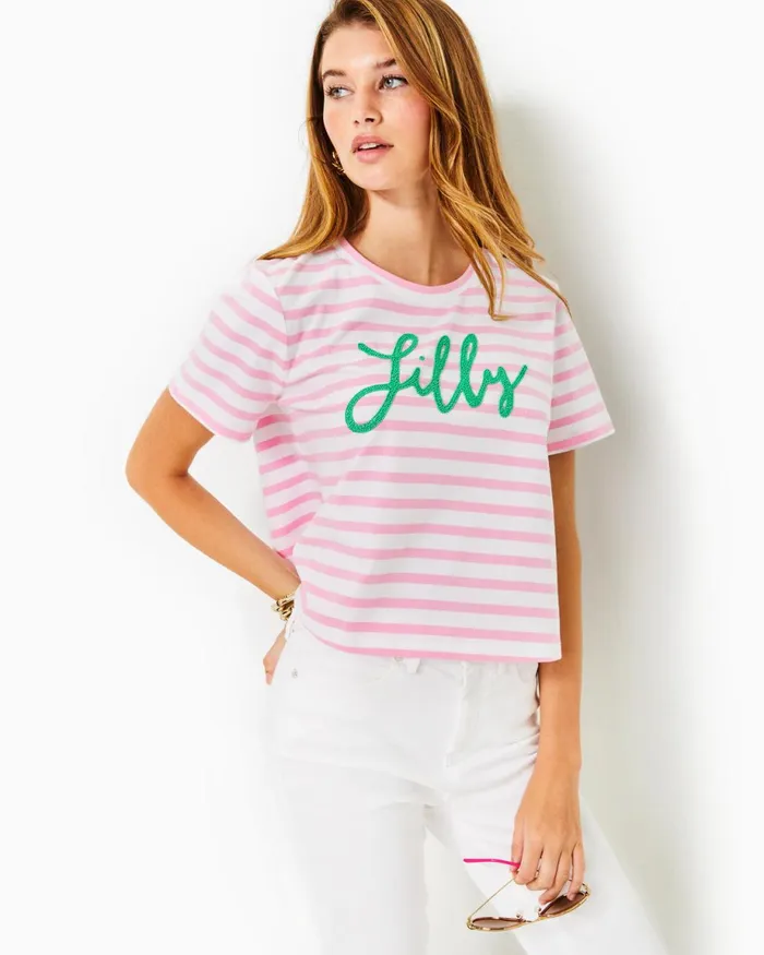 Lilly Pulitzer Keenan Cotton Top Conch Shell Pink Striped Lilly Pulitzer Embellished Top Women Tops