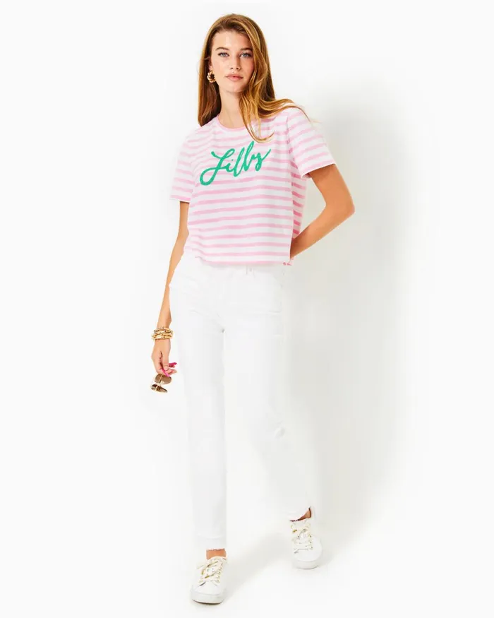 Lilly Pulitzer Keenan Cotton Top Conch Shell Pink Striped Lilly Pulitzer Embellished Top Women Tops