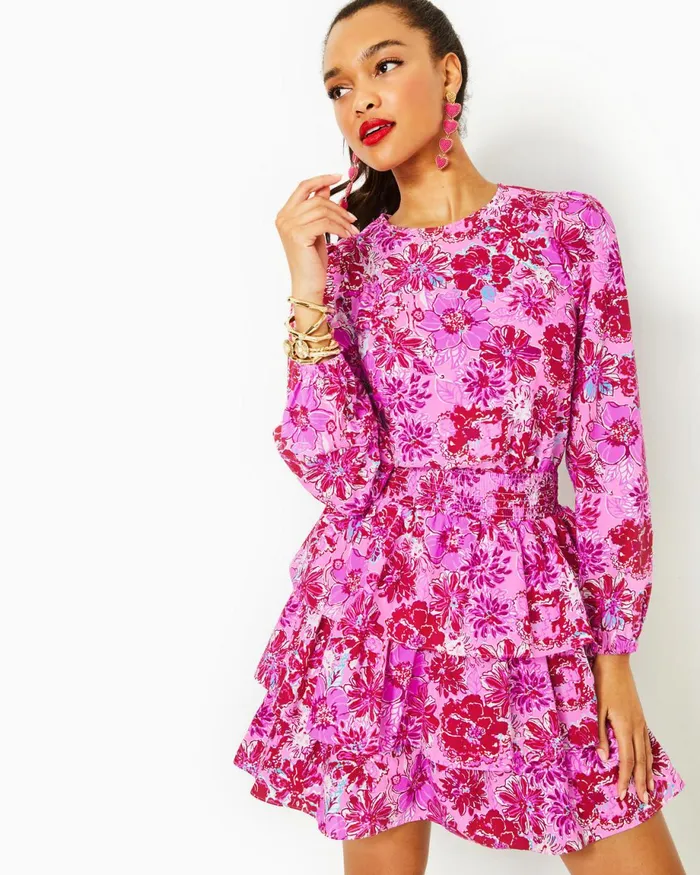 Lilly Pulitzer Khloey Smocked ALine Cotton Dress Lilac Thistle In The Wild Flowers Women ALineEasy Dresses