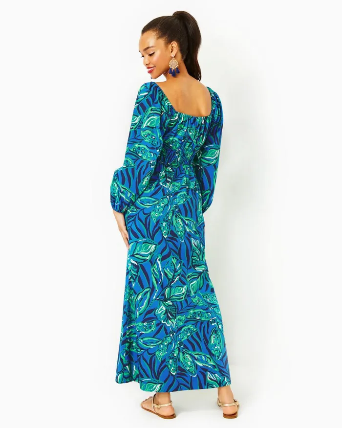 Lilly Pulitzer Lakira Cotton Maxi Dress Indigo Breeze Shady Gators Women ALineEasy Dresses