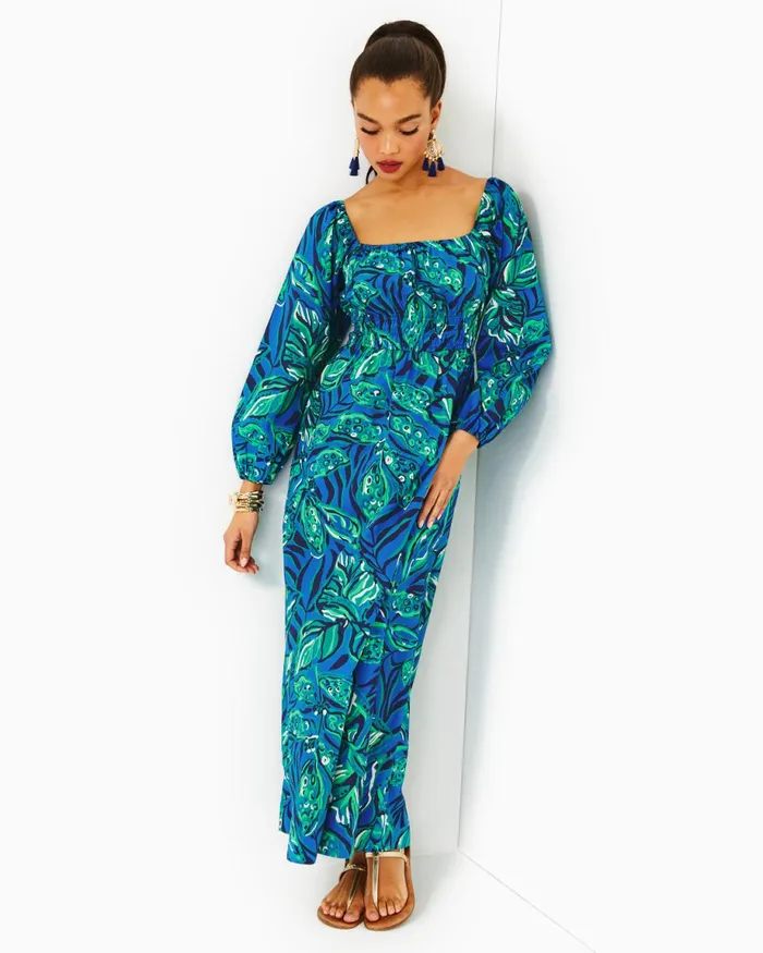 Lilly Pulitzer Lakira Cotton Maxi Dress Indigo Breeze Shady Gators Women ALineEasy Dresses