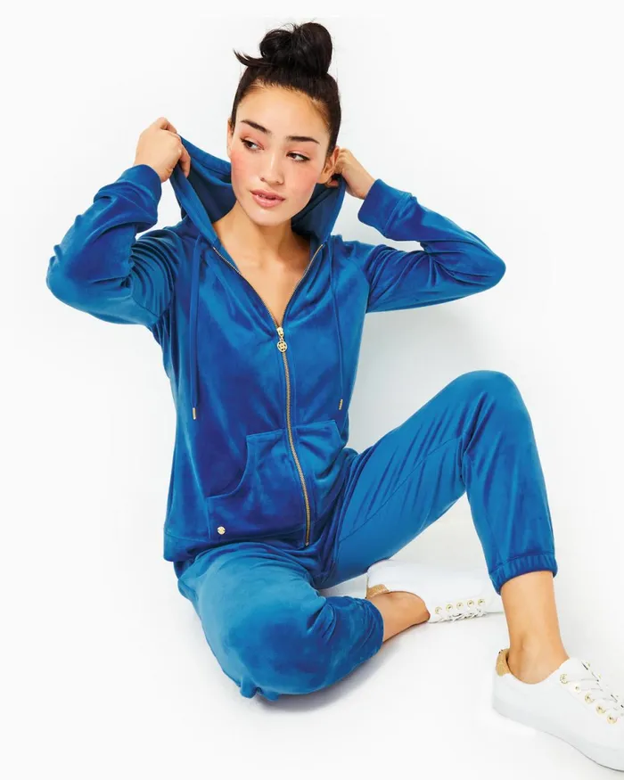 Lilly Pulitzer Larina Velour ZipUp Hoodie Indigo Breeze Women Tops
