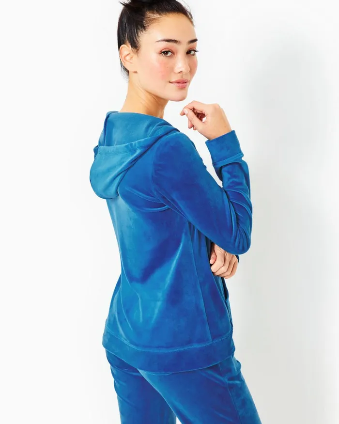 Lilly Pulitzer Larina Velour ZipUp Hoodie Indigo Breeze Women Tops