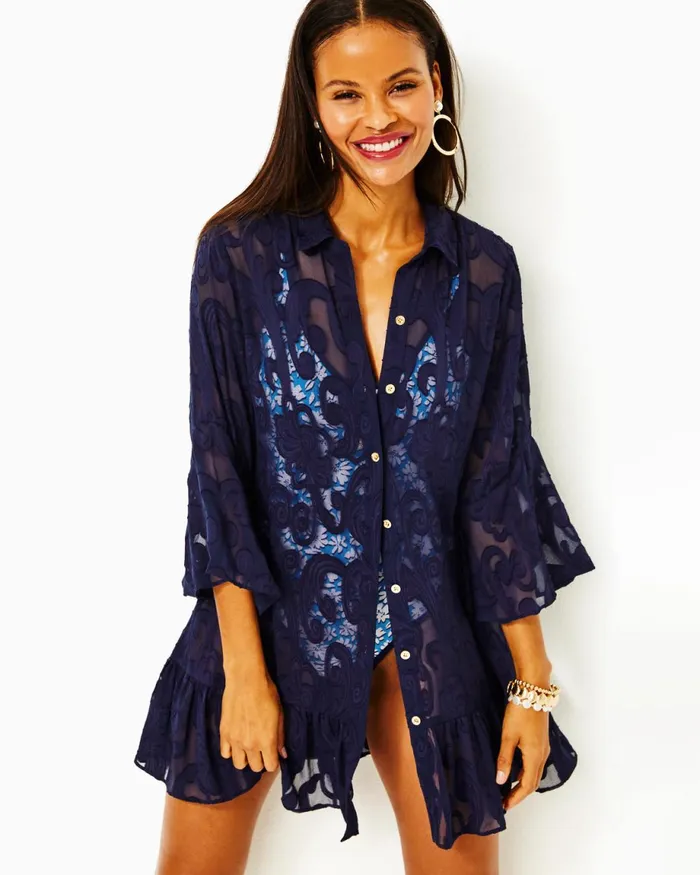 Lilly Pulitzer Linley CoverUp True Navy Poly Crepe Swirl Clip Women CoverUps