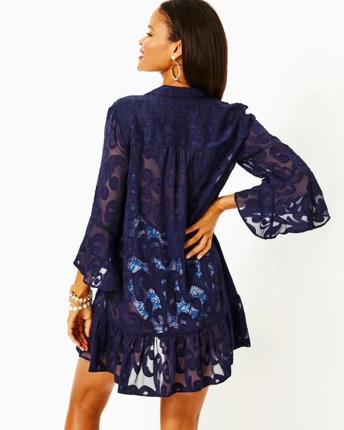 Lilly Pulitzer Linley CoverUp True Navy Poly Crepe Swirl Clip Women CoverUps