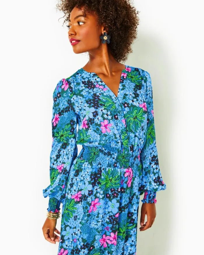 Lilly Pulitzer Loubella Smocked Midi Dress Multi Soiree All Day Women ALineEasy Dresses