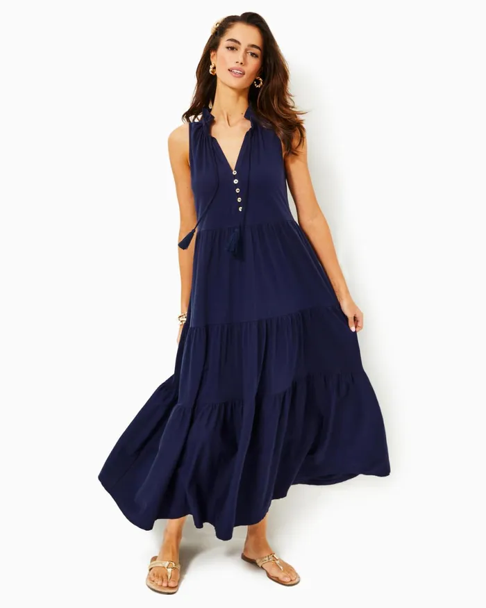 Lilly Pulitzer Malone Cotton Maxi Dress True Navy Women Swing Dresses