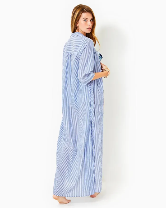 Lilly Pulitzer Natalie Maxi CoverUp Coastal Blue Ltwt Oxford Stripe Women CoverUps