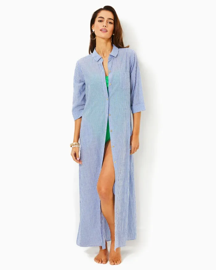 Lilly Pulitzer Natalie Maxi CoverUp Coastal Blue Ltwt Oxford Stripe Women CoverUps