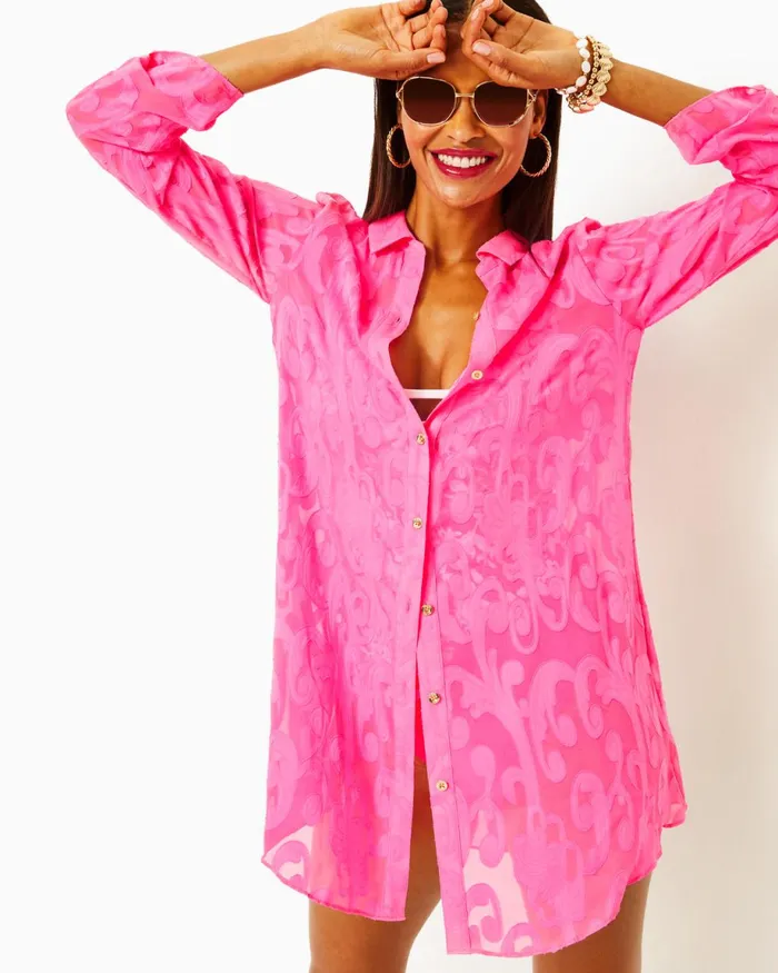 Lilly Pulitzer Natalie Shirtdress CoverUp Roxie Pink Poly Crepe Swirl Clip Women CoverUps Lilly Pulitzer Natalie Shirtdress CoverUp Roxie Pink Poly Crepe Swirl Clip Women CoverUps
