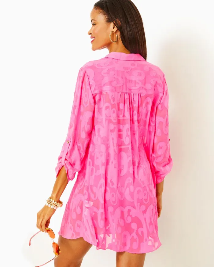 Lilly Pulitzer Natalie Shirtdress CoverUp Roxie Pink Poly Crepe Swirl Clip Women CoverUps