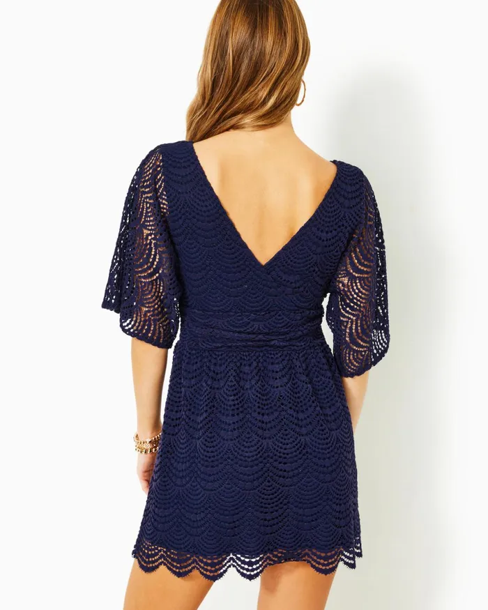 Lilly Pulitzer Parigi Skort Romper True Navy Scalloped Shell Lace Women Rompers and Jumpsuits