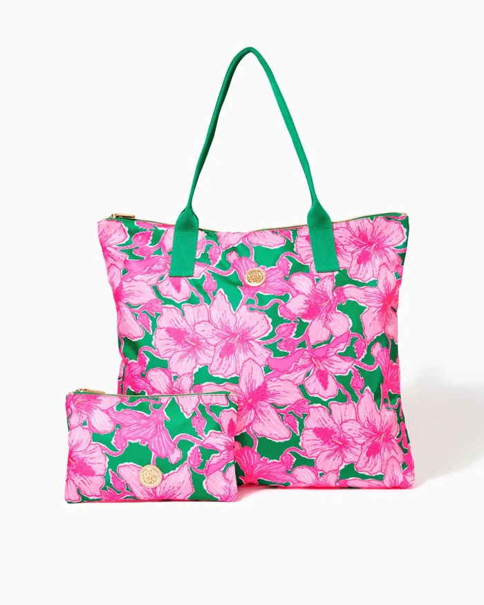 Lilly Pulitzer Piper Packable Tote Kelly Green Hibis Kiss Women Bags
