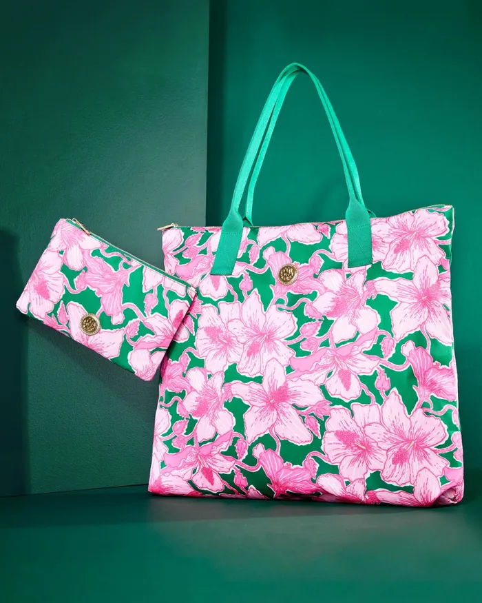 Lilly Pulitzer Piper Packable Tote Kelly Green Hibis Kiss Women Bags