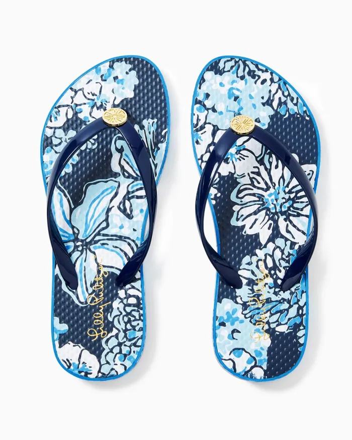 Lilly Pulitzer Pool Flip Flop Low Tide Navy Bouquet All Day Shoe Women Shoes