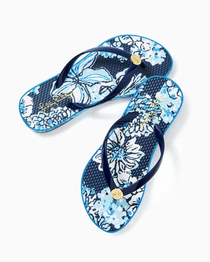 Lilly Pulitzer Pool Flip Flop Low Tide Navy Bouquet All Day Shoe Women Shoes