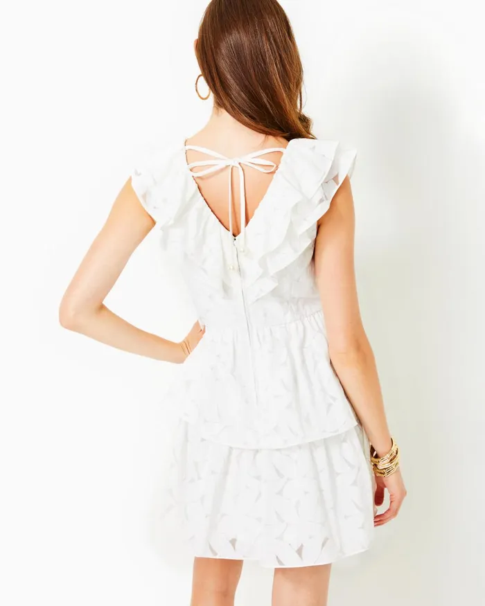 Lilly Pulitzer Ritamarie Ruffle Dress Resort White Flora Faille Women Fit and Flare Dresses