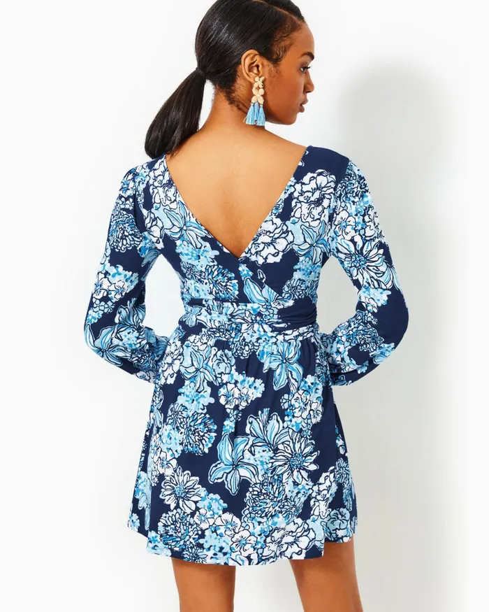 Lilly Pulitzer Riza Long Sleeve Romper Low Tide Navy Bouquet All Day Women Rompers and Jumpsuits