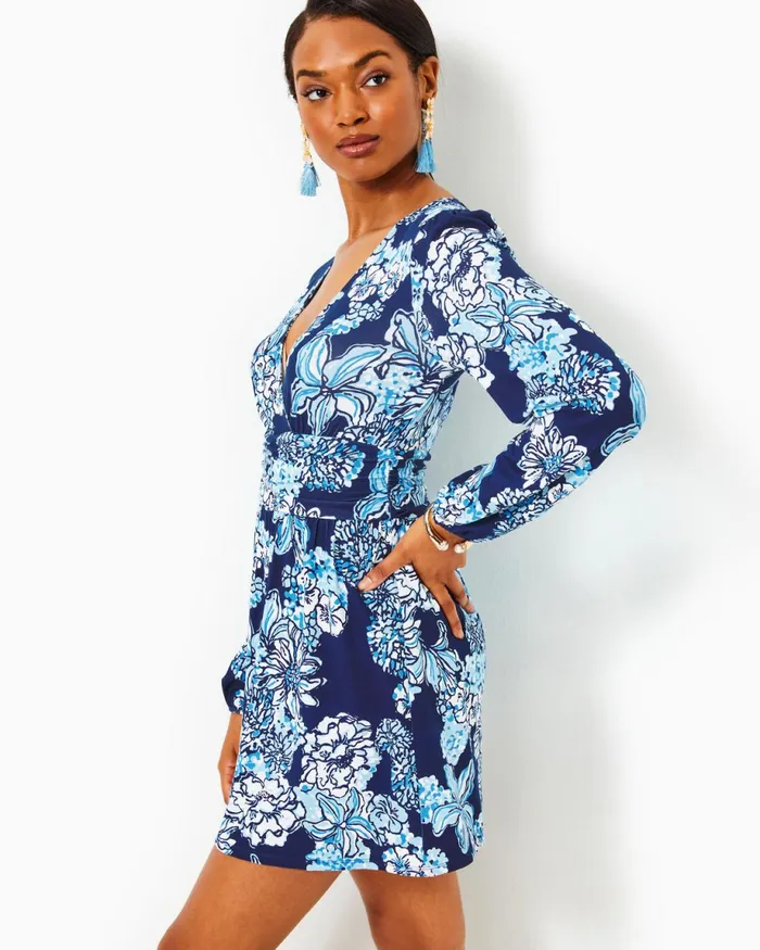 Lilly Pulitzer Riza Long Sleeve Romper Low Tide Navy Bouquet All Day Women Rompers and Jumpsuits