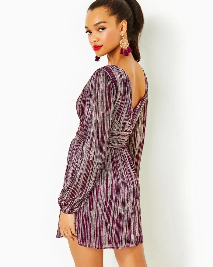 Lilly Pulitzer Riza Long Sleeve Romper Mulberry X Gold Metallic Rope Stripe Crinkle Knit Women Rompers and Jumpsuits