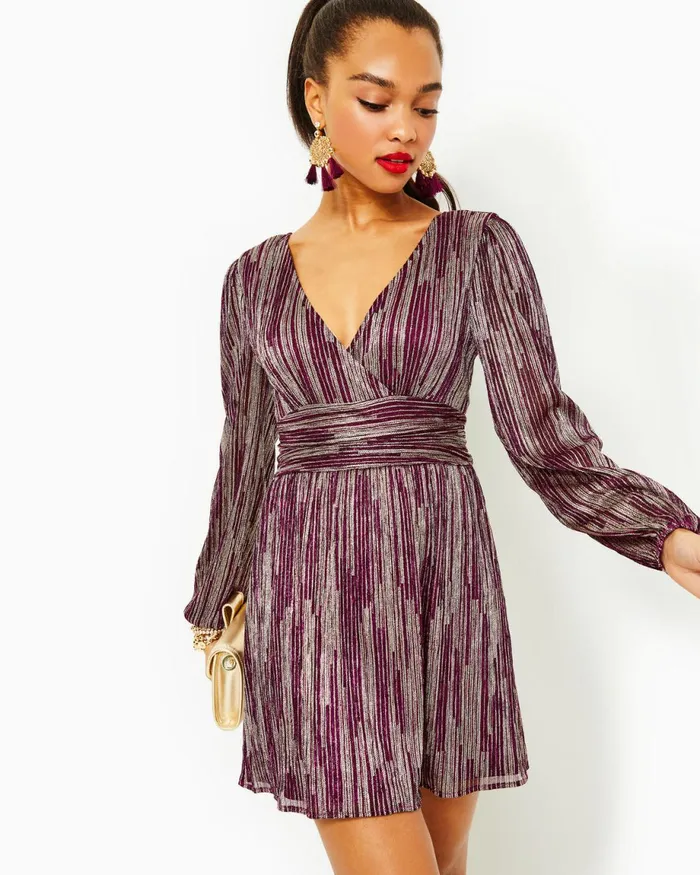 Lilly Pulitzer Riza Long Sleeve Romper Mulberry X Gold Metallic Rope Stripe Crinkle Knit Women Rompers and Jumpsuits