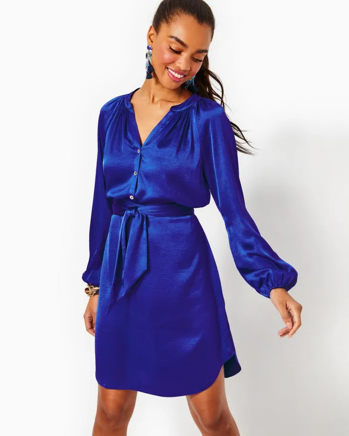 Lilly Pulitzer Saige Long Sleeve Dress Alba Blue Women ALineEasy Dresses