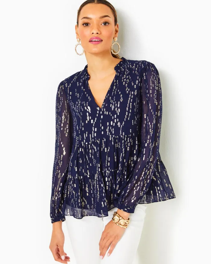 Lilly Pulitzer Sarita Silk Top True Navy Fish Clip Chiffon Women Tops