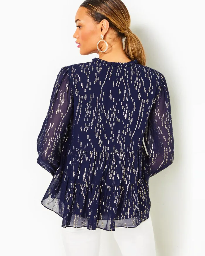Lilly Pulitzer Sarita Silk Top True Navy Fish Clip Chiffon Women Tops