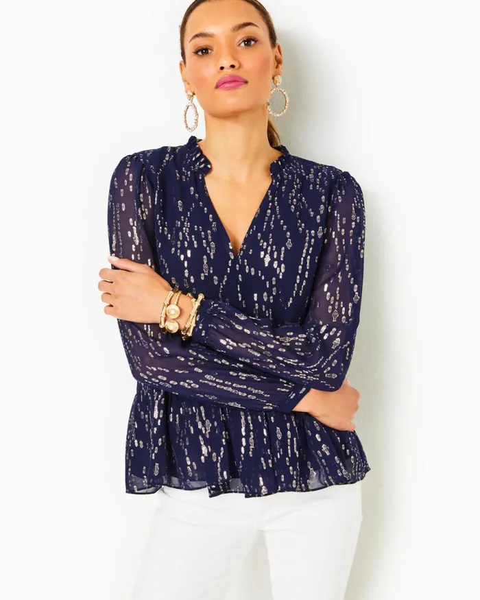 Lilly Pulitzer Sarita Silk Top True Navy Fish Clip Chiffon Women Tops